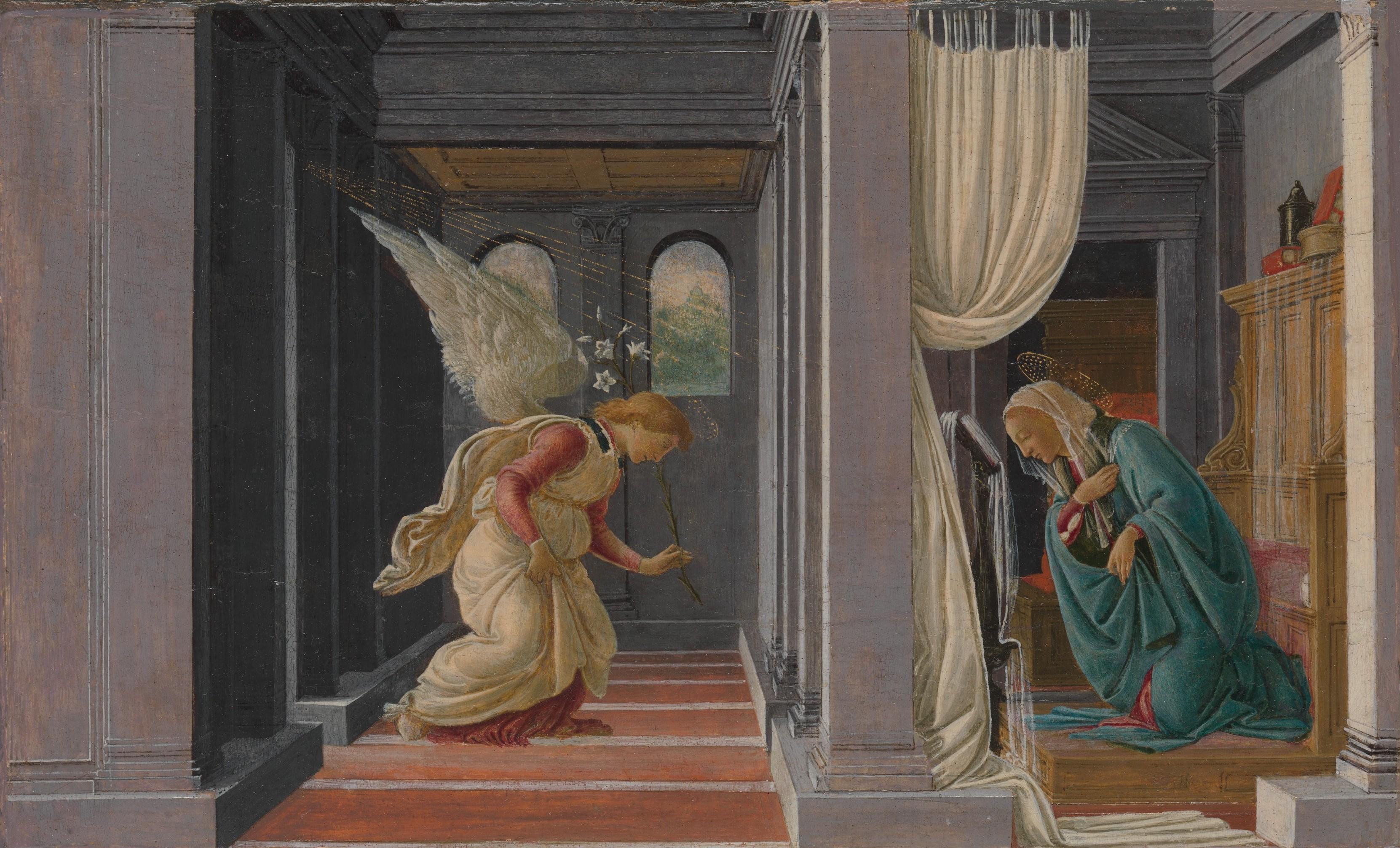 The Annunciation by Botticelli, circa 1490: the angel Gabriel kneeling before the Virgin Mary in a colonnaded interior
