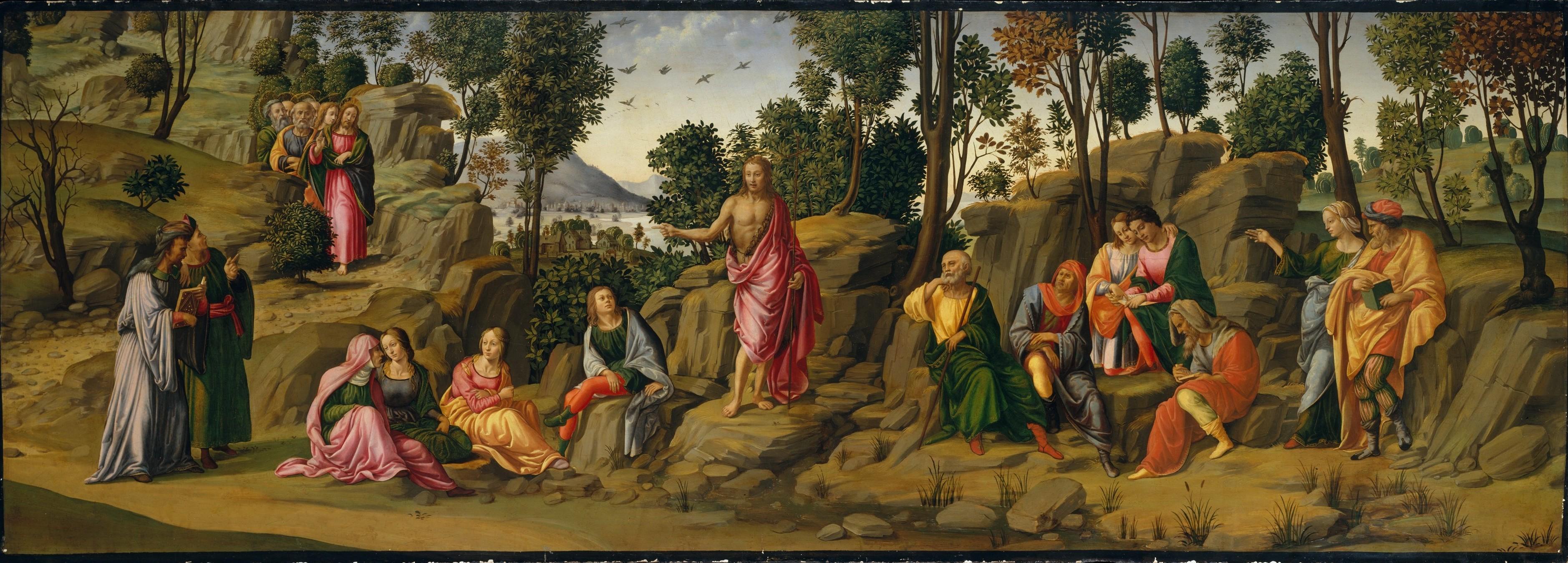 Saint John the Baptist Bearing Witness by Francesco Granacci, circa 1506: John preaching to a seated crowd in a wide landscape